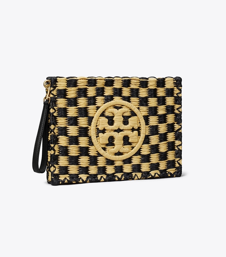 Tory Burch designer wristlets Ella Straw Pouch in Black / Natural angle