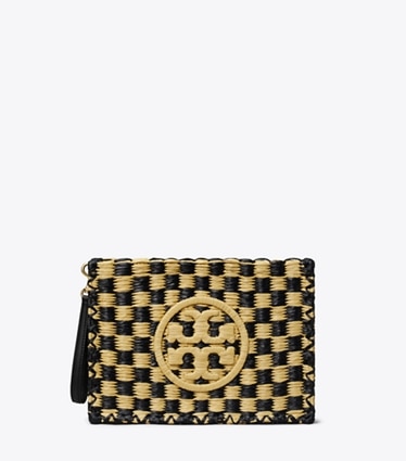 Tory Burch designer wristlets Ella Straw Pouch in Black / Natural front