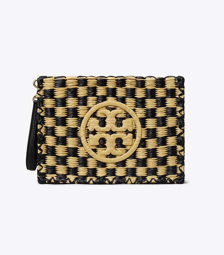 Tory Burch designer wristlets Ella Straw Pouch in Black / Natural angle