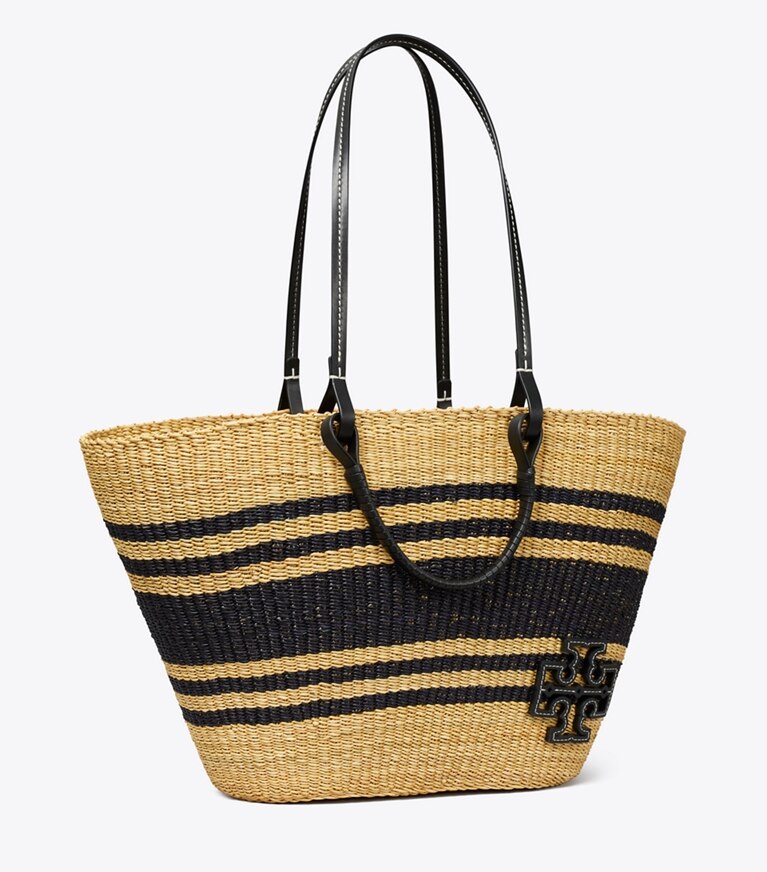 Tory Burch designer tote bags Ella Striped Straw Basket Tote in Natural / Black angle