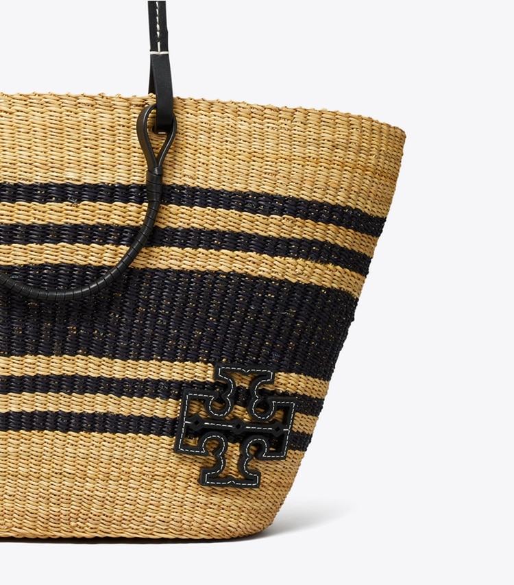 Tory Burch designer tote bags Ella Striped Straw Basket Tote in Natural / Black detail