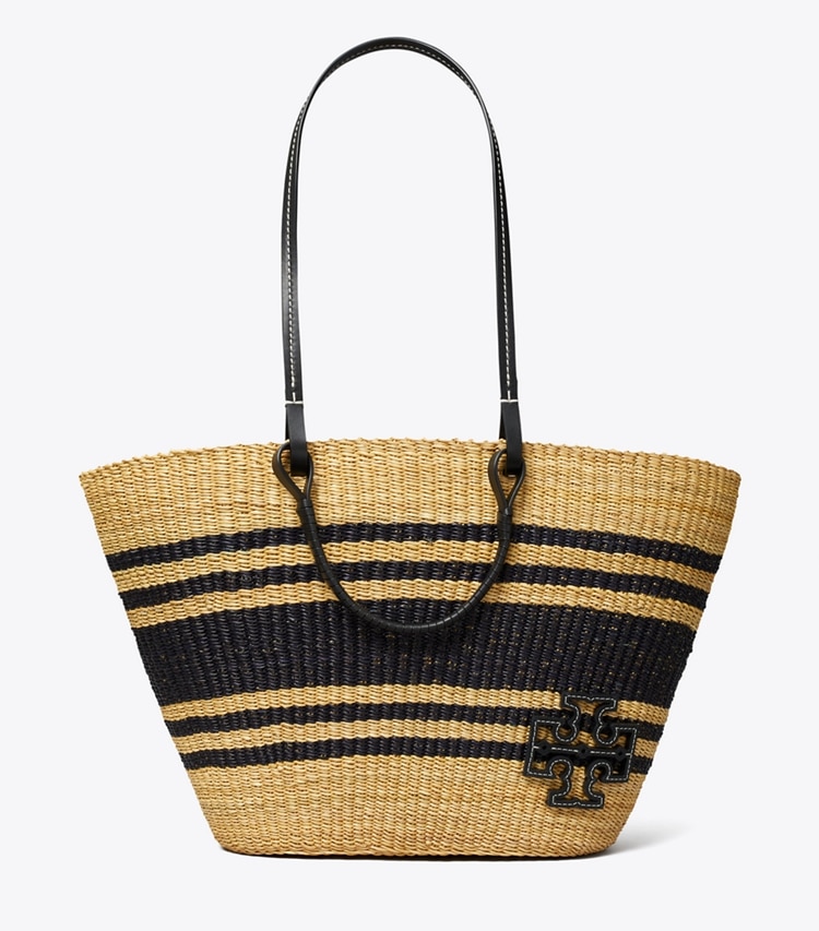 Tory Burch designer tote bags Ella Striped Straw Basket Tote in Natural / Black front