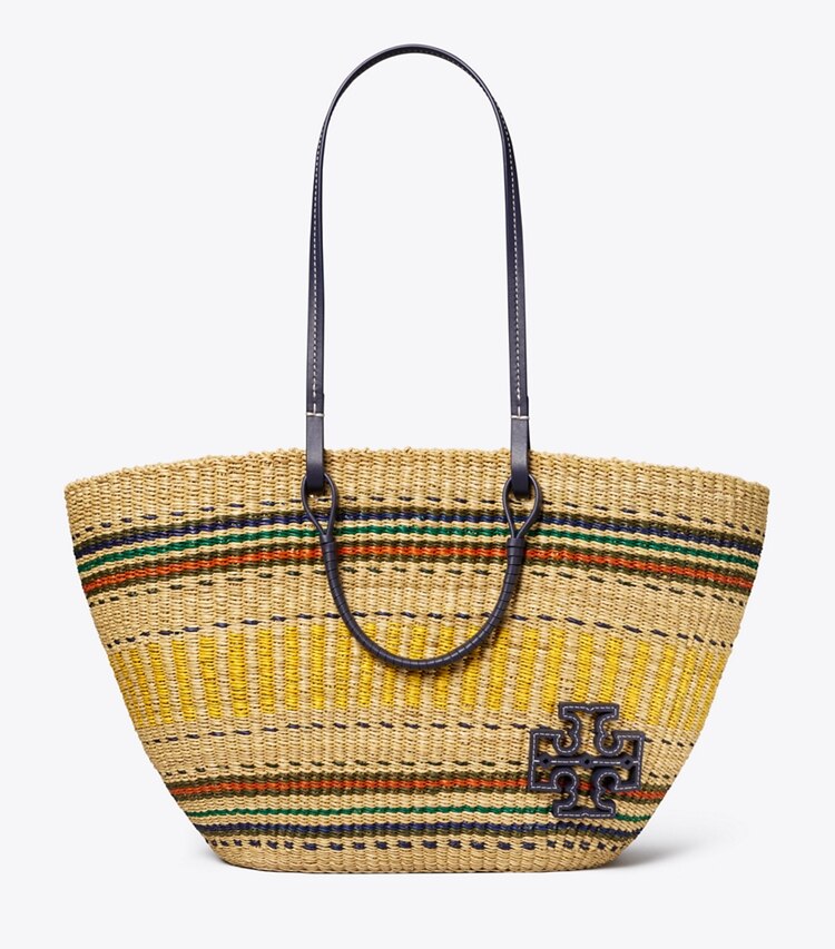 Tory Burch designer tote bags Ella Striped Straw Basket Tote in Natural / Multi front