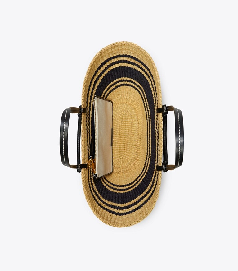 Tory Burch designer tote bags Ella Striped Straw Basket Tote in Natural / Black angle