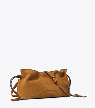 Tory Burch designer crossbody bags Ella Suede Drawstring Pouch in Caramel angle