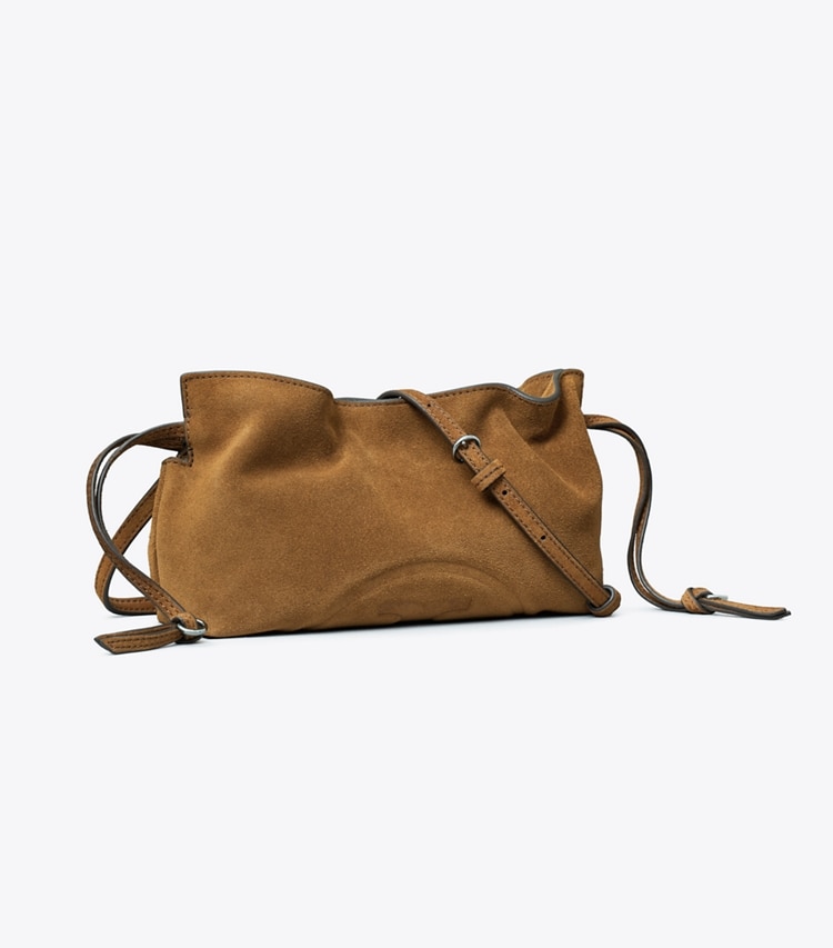 Tory Burch designer crossbody bags Ella Suede Drawstring Pouch in Caramel angle