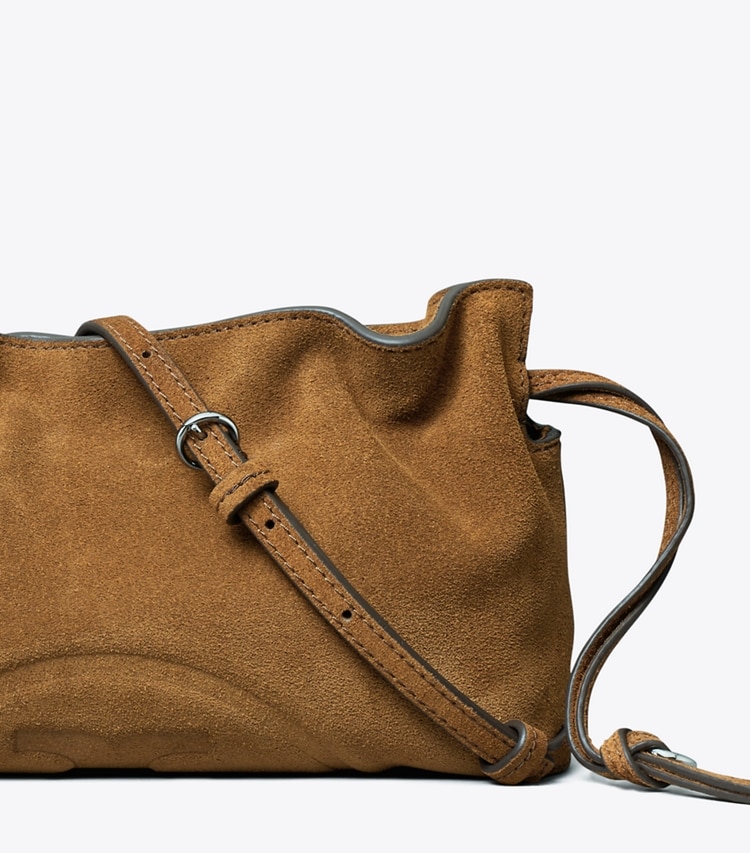 Tory Burch designer crossbody bags Ella Suede Drawstring Pouch in Caramel detail