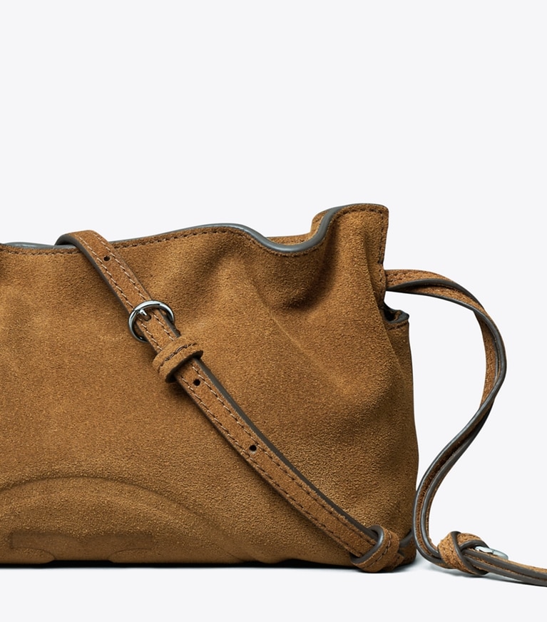Tory Burch designer crossbody bags Ella Suede Drawstring Pouch in Caramel detail