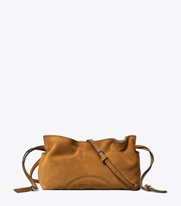 Tory Burch designer crossbody bags Ella Suede Drawstring Pouch in Caramel front