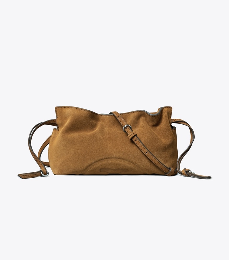 Tory Burch designer crossbody bags Ella Suede Drawstring Pouch in Caramel front