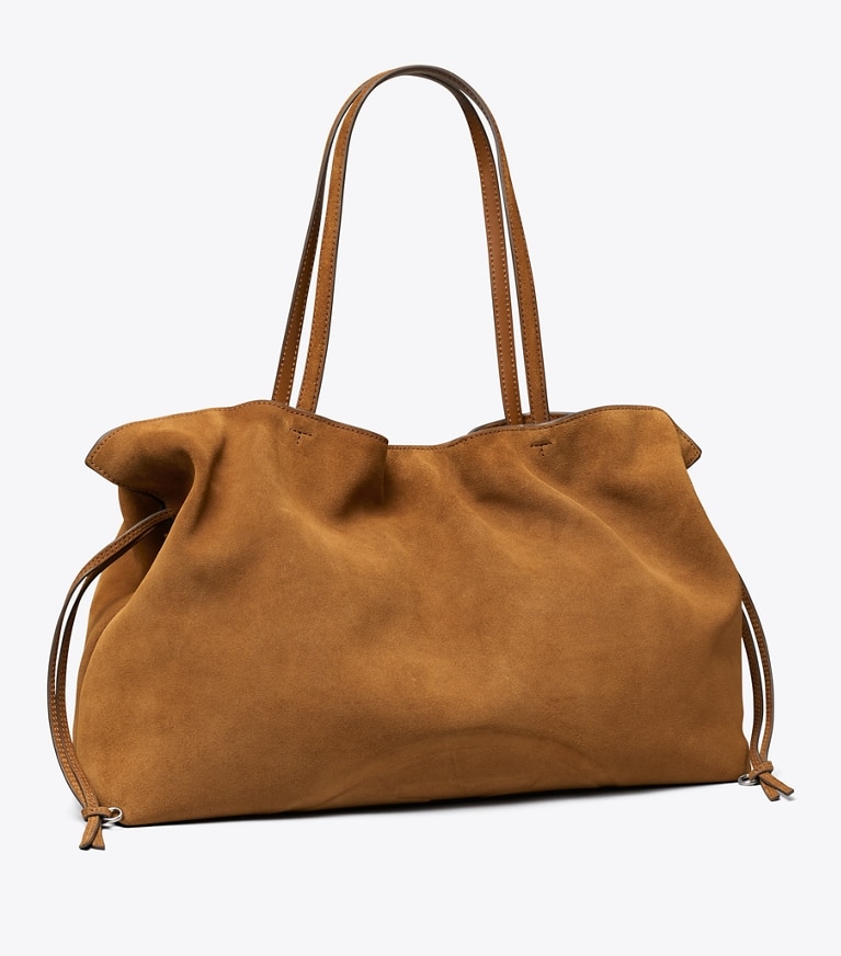 Tory Burch designer tote bags Ella Suede Drawstring Tote in Caramel angle