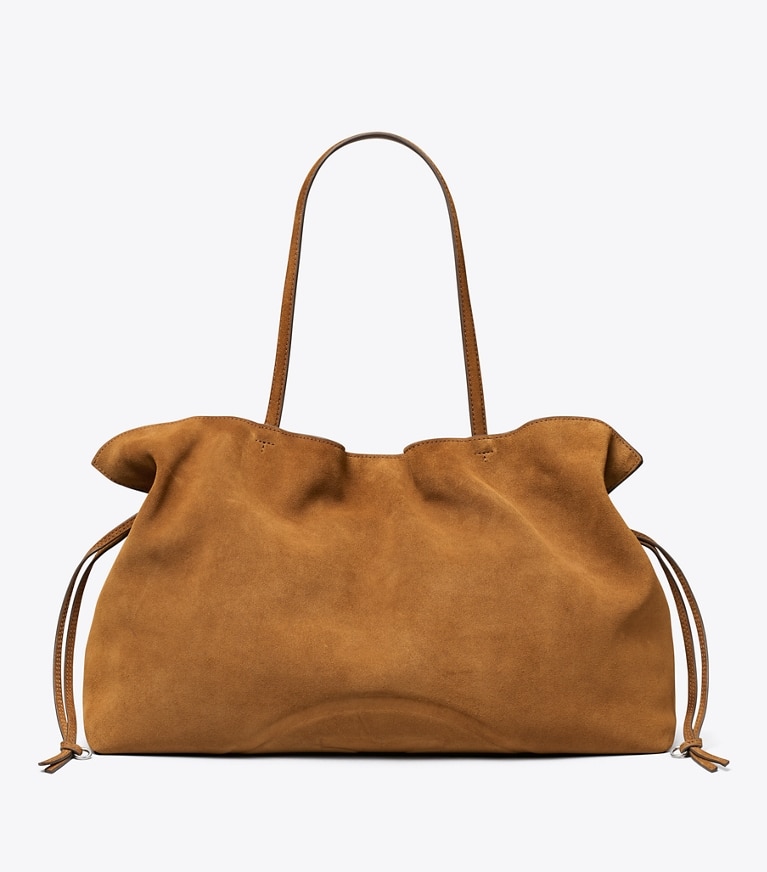 Tory Burch designer tote bags Ella Suede Drawstring Tote in Caramel front