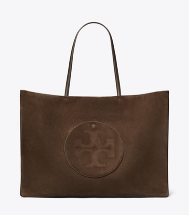 Tory Burch designer tote bags Ella Suede Tote in Pine Bark front