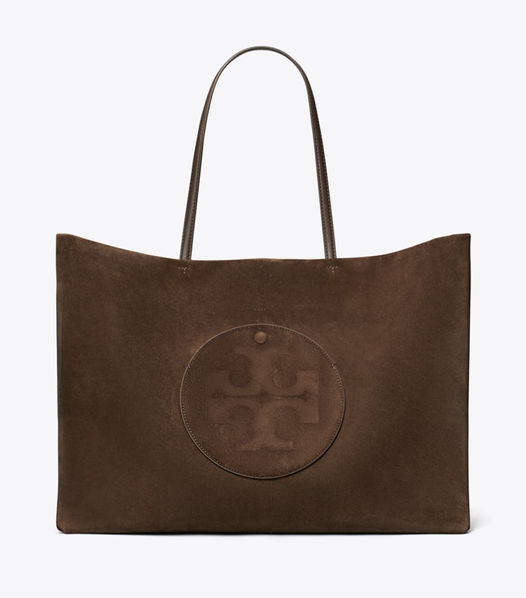 Tory Burch designer tote bags Ella Suede Tote in Pine Bark front