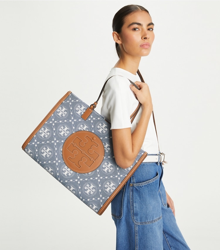 Tory Burch designer tote bags Ella T Monogram Denim Tote in Denim / Multi accessory on model