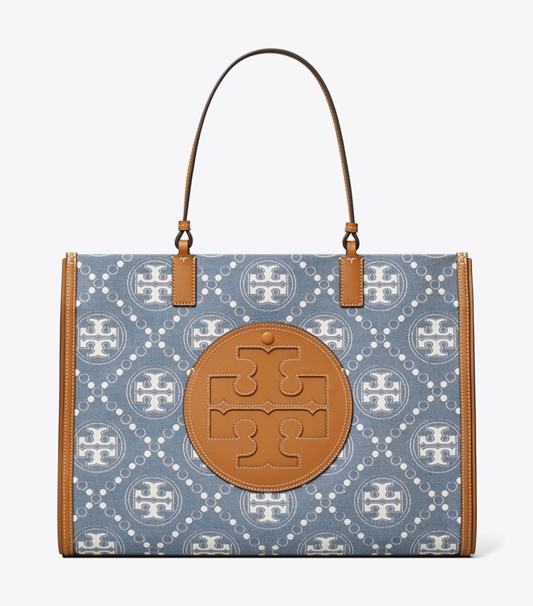 Tory Burch designer tote bags Ella T Monogram Denim Tote in Denim / Multi front