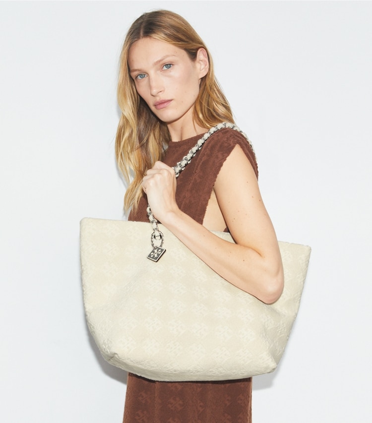 Tory Burch designer tote bags Ella Terry Chain Tote in Pearl accessory on model