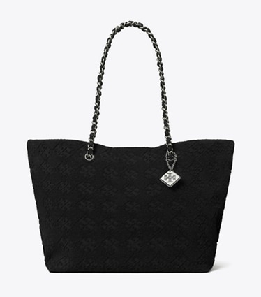 Tory Burch designer tote bags Ella Terry Chain Tote in Black front