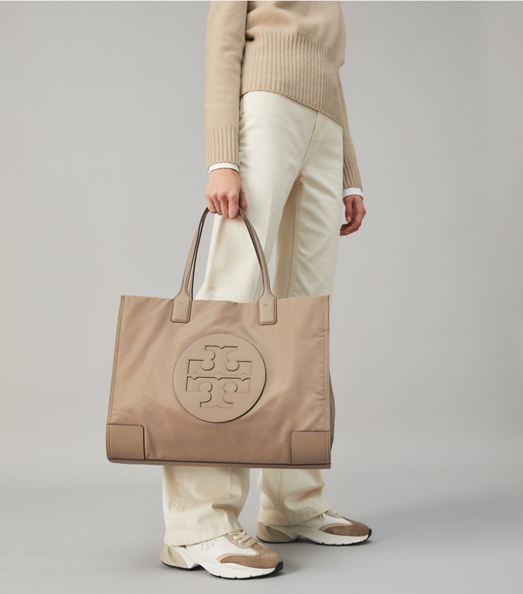 Tory Burch designer tote bags Ella Tote Bag in Gray Heron accessory on model