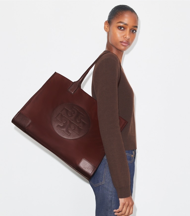 Tory Burch designer tote bags Ella Tote Bag in TEMPRANILLO angle