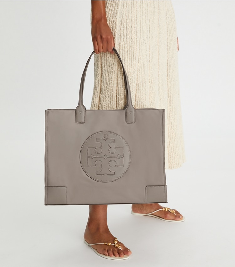 Tory Burch designer tote bags Ella Tote Bag in Gray Heron accessory on model