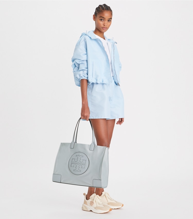 Tory Burch designer tote bags Ella Tote Bag in Powder Blue accessory on model