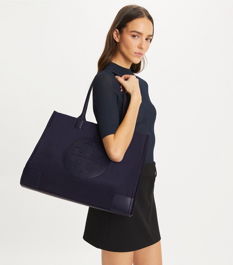 Tory Burch designer tote bags Ella Tote Bag in Tory Navy accessory on model