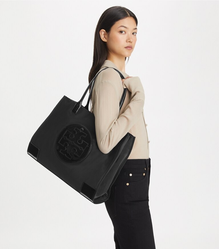 Tory Burch designer tote bags Ella Tote Bag aus Lackleder in Black angle
