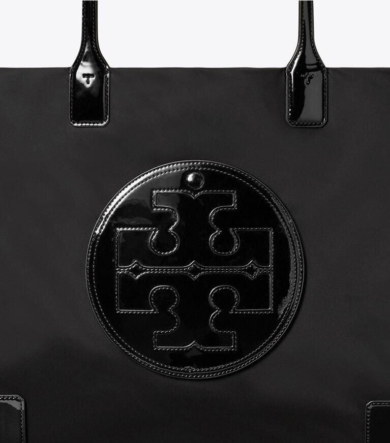 Tory Burch designer tote bags Ella Tote Bag aus Lackleder in Black angle