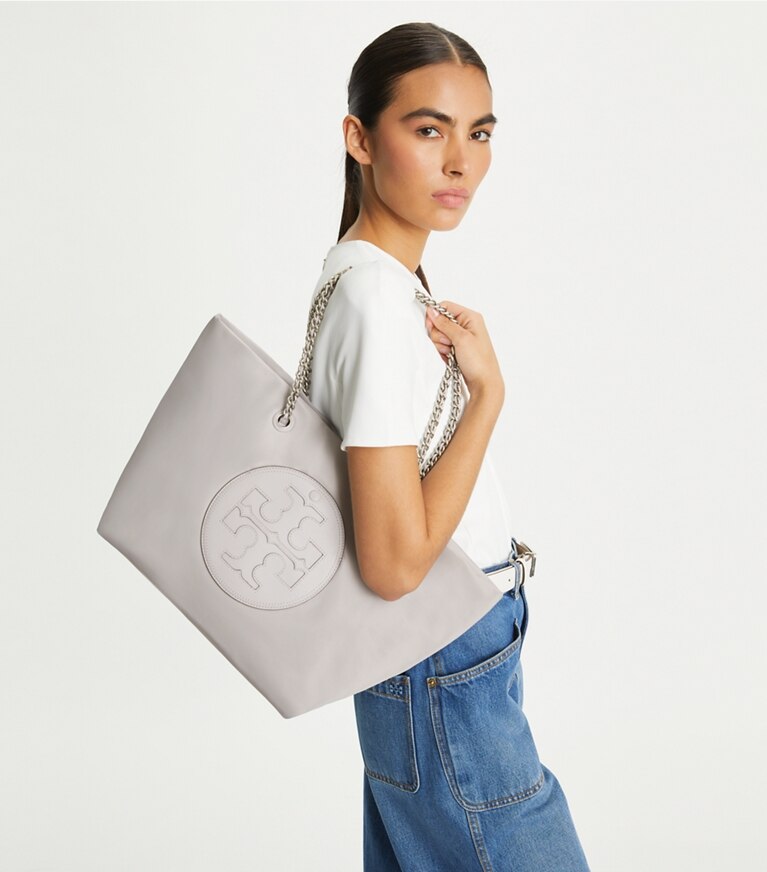 Tory Burch designer tote bags Ella Tote Bag mit Kette in Bay Gray angle