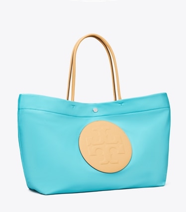Tory Burch designer tote bags Ella Twist Reversible Tote in Soft Turquoise angle