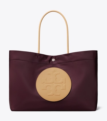 Tory Burch designer tote bags Ella Twist Reversible Tote in Dark Carmine front