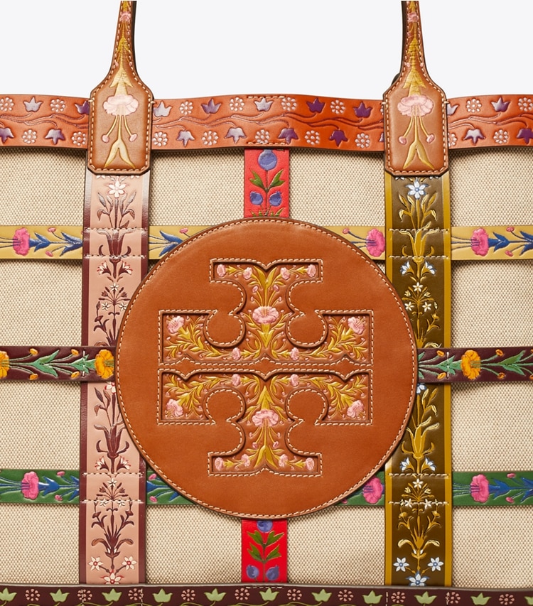 Tory Burch designer tote bags Ella Woven Cage Tote in CLASSIC CUOIO MULTI detail