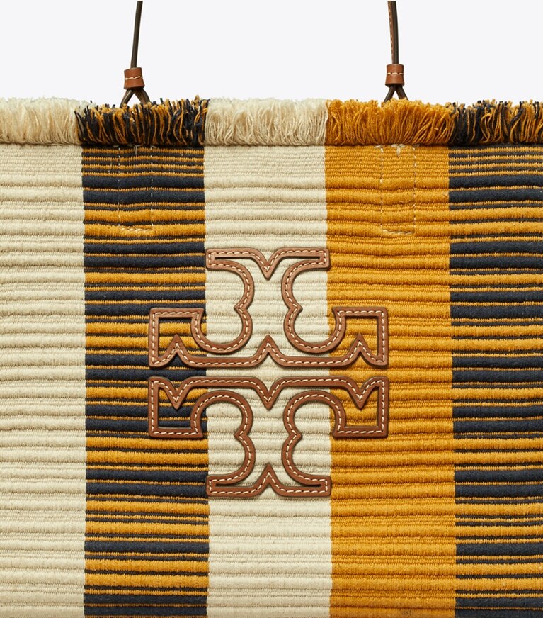 Tory Burch designer tote bags Ella Woven Stripe Tote in Chutney / Natural angle