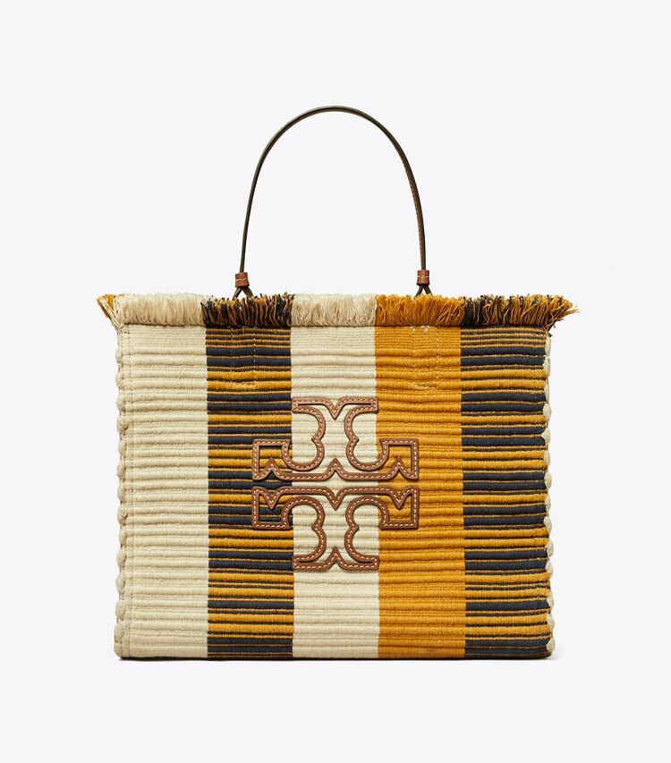 Tory Burch designer tote bags Ella Woven Stripe Tote in Chutney / Natural front