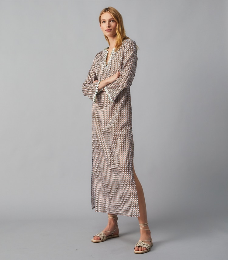 Tory Burch designer coverups Embellished Beach Caftan in CRISP BLUE BASKETWEAVE on model front