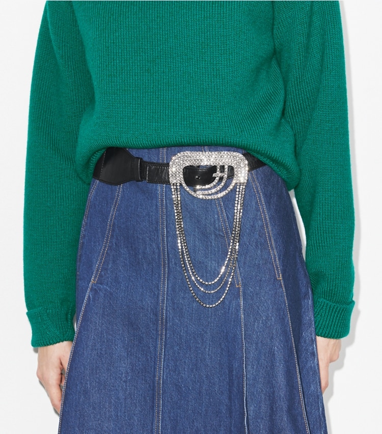 Tory Burch designer belts Embellished Belt in Black accessory on model