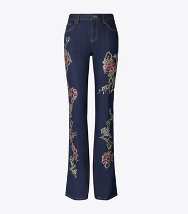 Tory Burch designer bottoms Embellished Bootcut Jean in Raw/Unwashed Vintage Selvedge Denim front