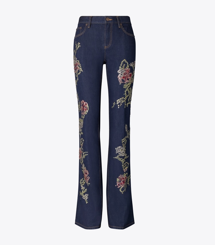 Tory Burch designer bottoms Embellished Bootcut Jean in Raw/Unwashed Vintage Selvedge Denim front