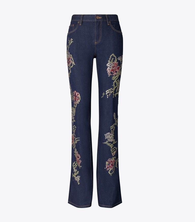 Tory Burch designer bottoms Embellished Bootcut Jean in Raw/Unwashed Vintage Selvedge Denim front