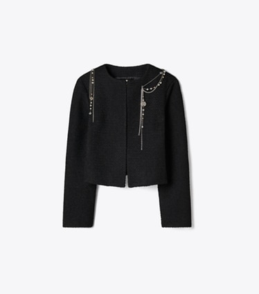 Tory Burch designer jackets Embellished Bouclé Jacket in BLACK front
