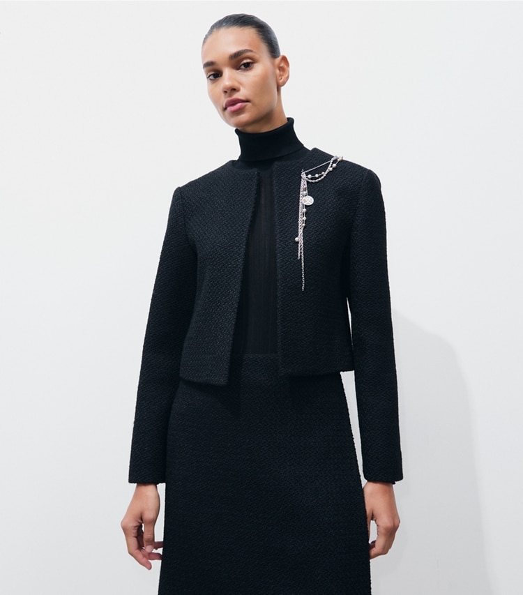 Tory Burch designer jackets Embellished Bouclé Jacket in BLACK on model detail
