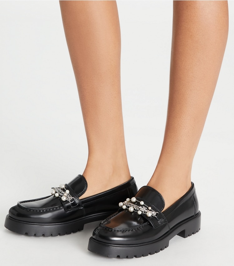 Tory Burch designer flats Embellished Classic Lug Loafer in PERFECT BLACK accessory on model