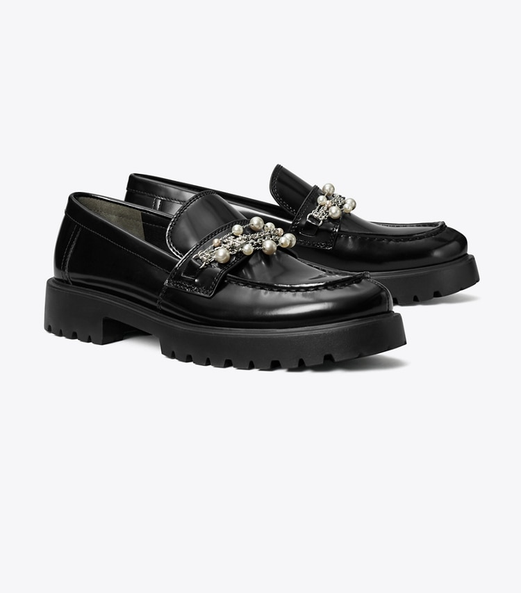 Tory Burch designer flats Embellished Classic Lug Loafer in PERFECT BLACK angle