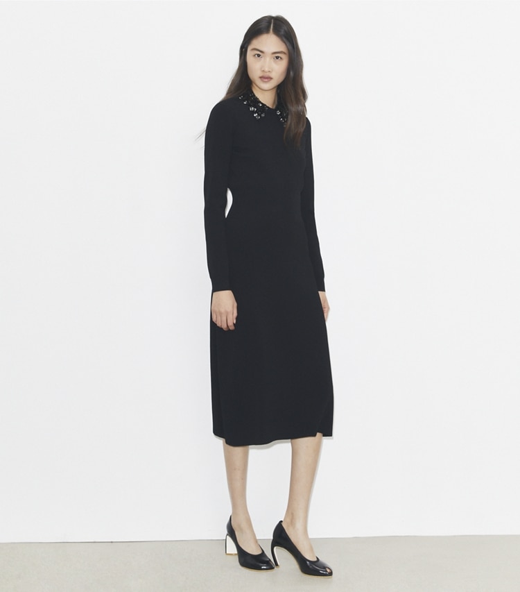 Tory Burch designer dresses Embellished Collar Dress in Black on model front