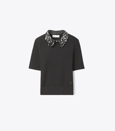 Tory Burch designer tops Embellished Collar Short-Sleeve Top in Black front