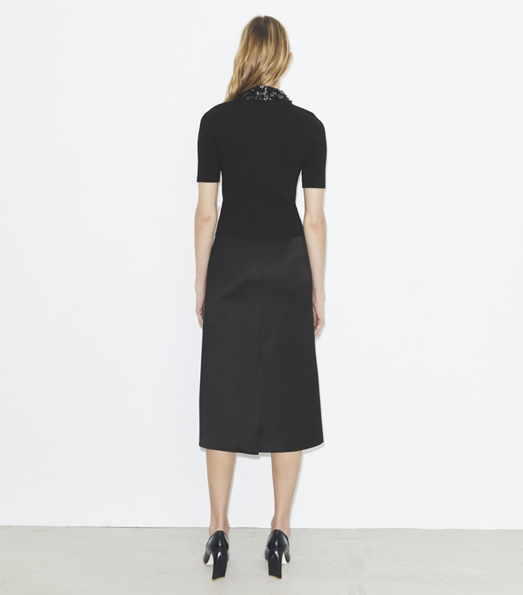 Tory Burch designer tops Embellished Collar Short-Sleeve Top in Black on model back
