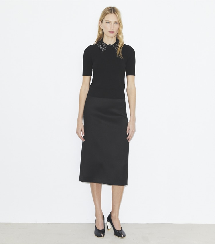 Tory Burch designer tops Embellished Collar Short-Sleeve Top in Black on model front