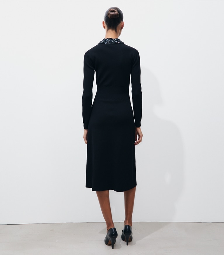 Tory Burch designer dresses Embellished Collar Viscose Dress in BLACK on model back