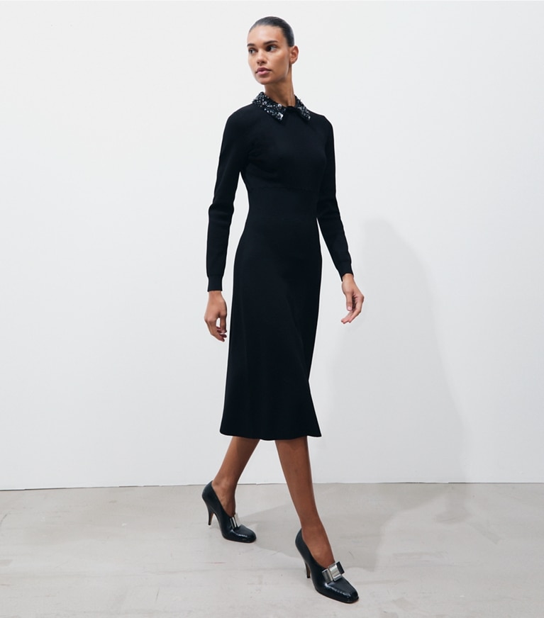 Tory Burch designer dresses Embellished Collar Viscose Dress in BLACK on model front